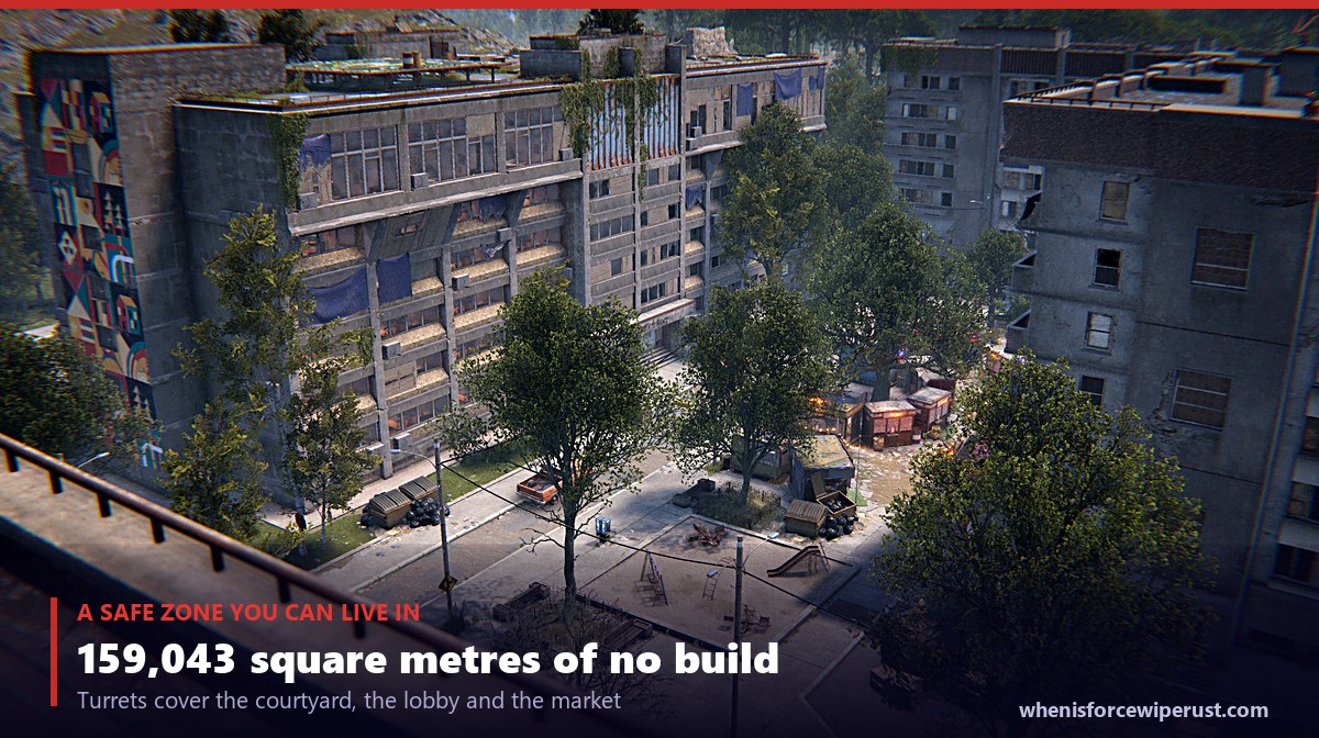The courtyard of the Rust Apartment Complex, a safe zone monument covered by peacekeeper turrets