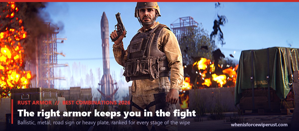 A Rust player in a full ballistic armor and BDU loadout standing at a monument with an exploding rocket base behind them, an actual in-game screenshot, under a caption reading Rust Armor best combinations 2026 and the right armor keeps you in the fight