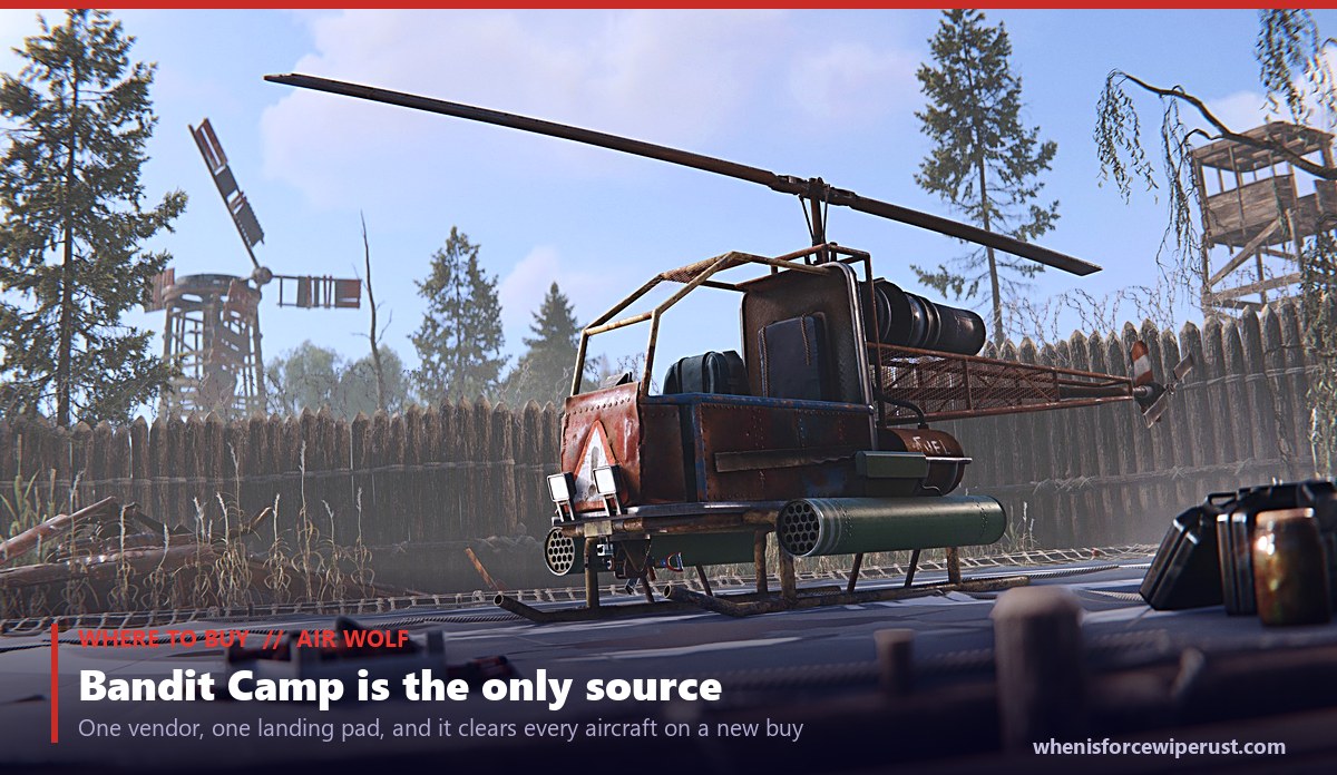 Rust Attack Helicopter sitting on the Air Wolf landing pad at Bandit Camp, the only place in the game to buy one