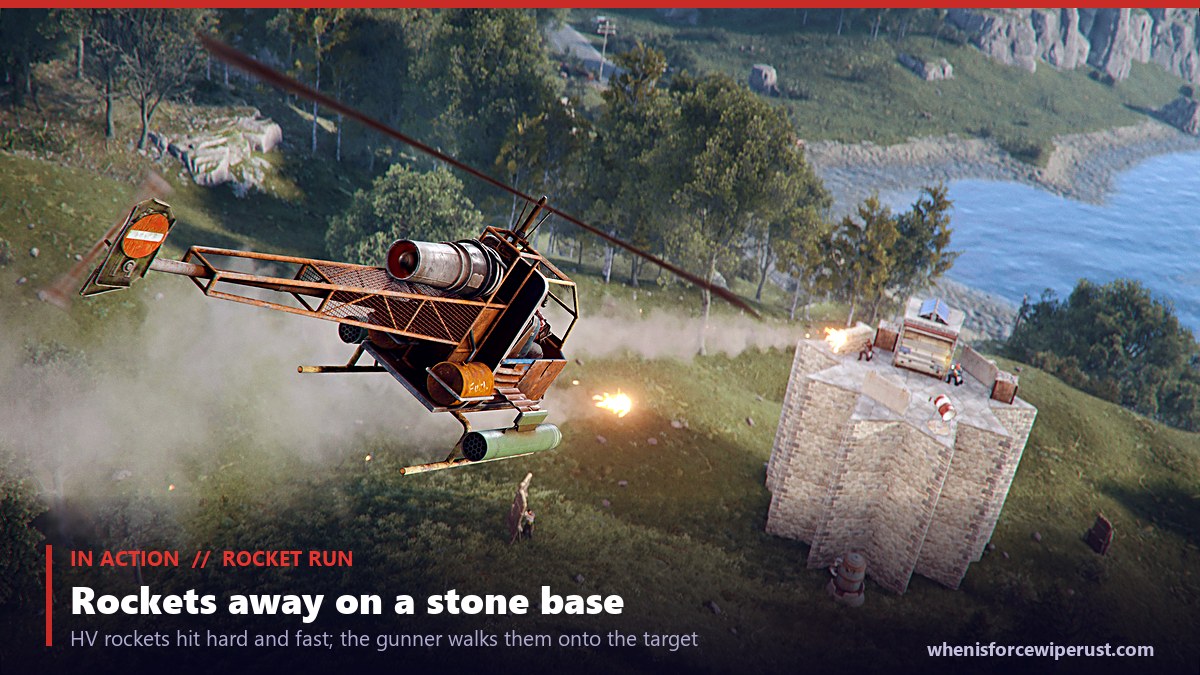 Rust Attack Helicopter firing rockets at a stone base from the air, showing the side rocket pods and muzzle flash
