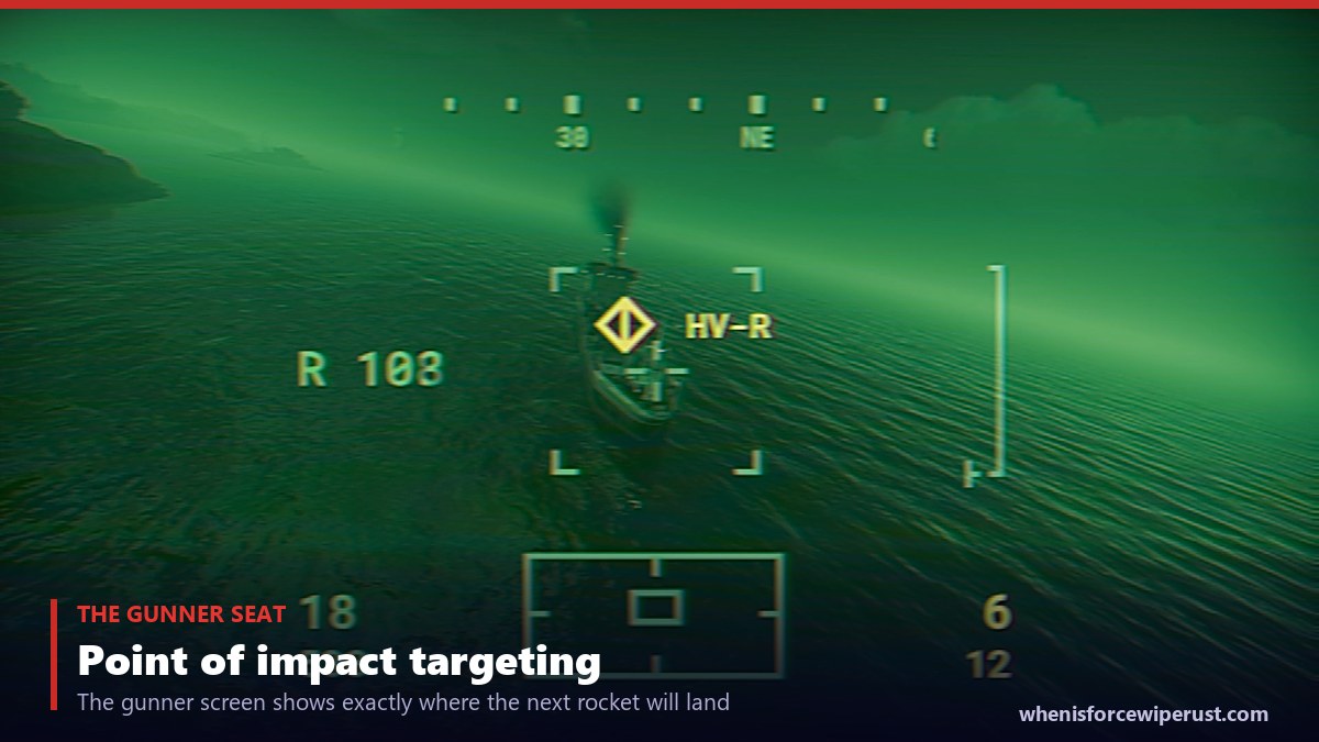 Rust Attack Helicopter gunner targeting monitor, a night vision style screen with a point of impact diamond marked HV-R for the loaded high velocity rockets, a range readout and ammo counters