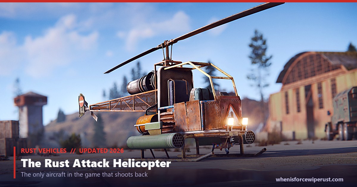 Rust Attack Helicopter parked at the Airfield showing the rocket pods on the landing skids, the twin headlights and the open gunner frame