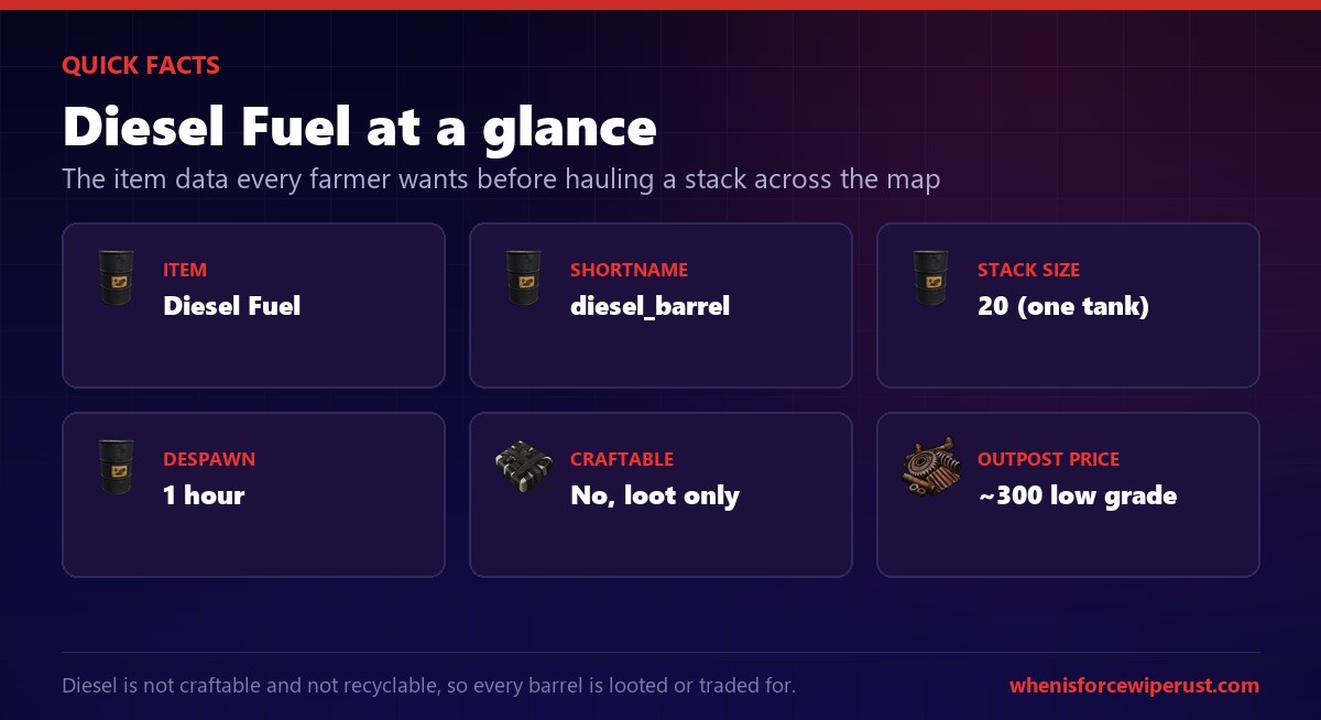 Rust Diesel Fuel quick facts: shortname diesel_barrel, stacks to 20, despawns in 1 hour, not craftable, buys for about 300 low grade fuel at Outpost