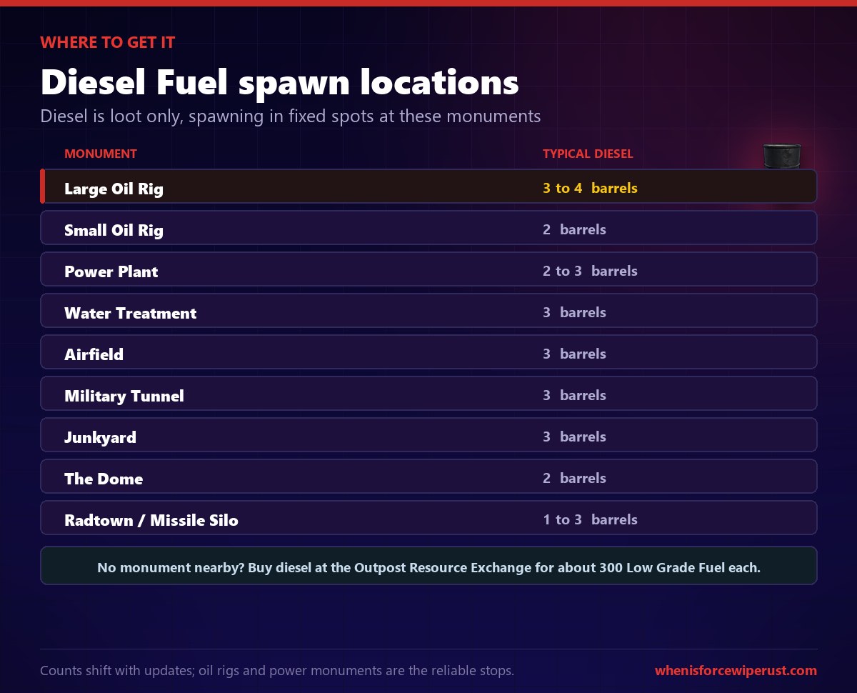 Rust Diesel Fuel spawn locations: the oil rigs, Power Plant, Water Treatment, Airfield, Military Tunnel, Junkyard, the Dome and Radtown, or buy it at the Outpost Resource Exchange