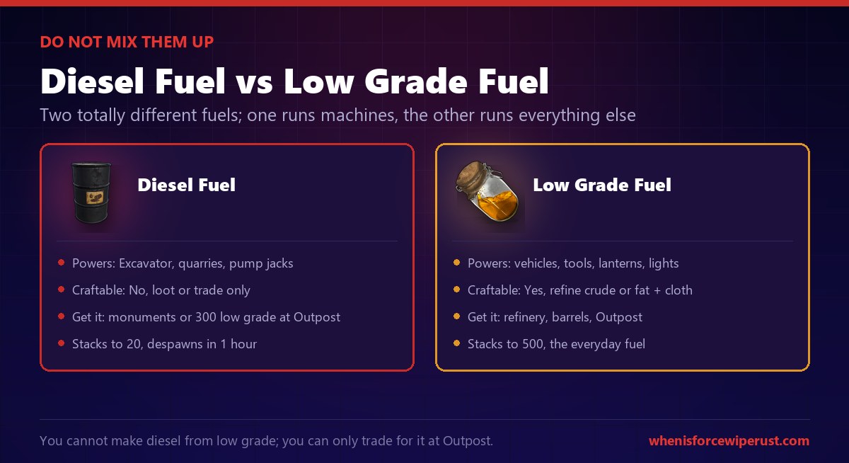 Rust Diesel Fuel vs Low Grade Fuel: diesel powers the excavator, quarries and pump jacks and is loot only, low grade fuel runs vehicles, tools and lights and is craftable