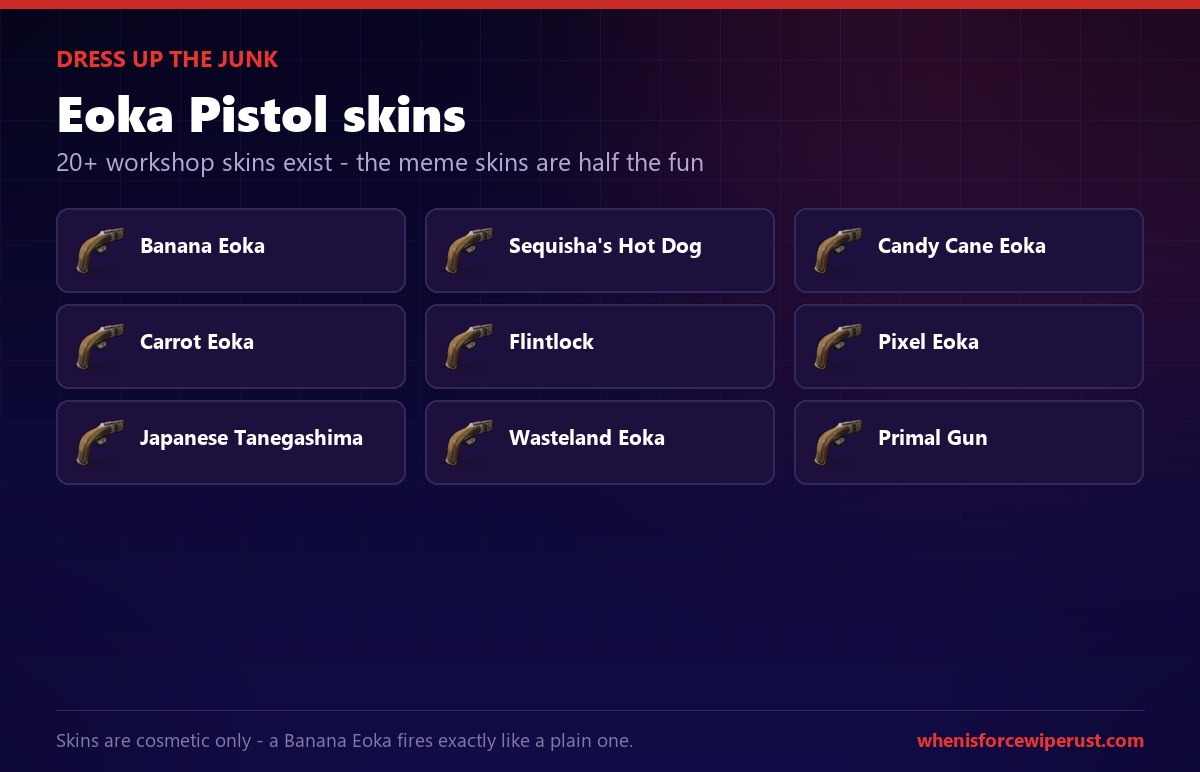 Rust Eoka Pistol skins: Banana Eoka, Sequisha's Hot Dog, Candy Cane, Carrot, Flintlock, Pixel Eoka, Japanese Tanegashima, Wasteland Eoka and Primal Gun, all cosmetic only