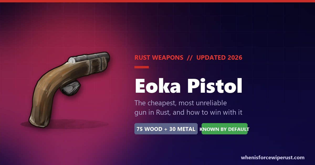 Rust Eoka Pistol: the real in-game item render of a shotgun shell casing on a wooden frame, crafted from 75 wood and 30 metal fragments and known by default