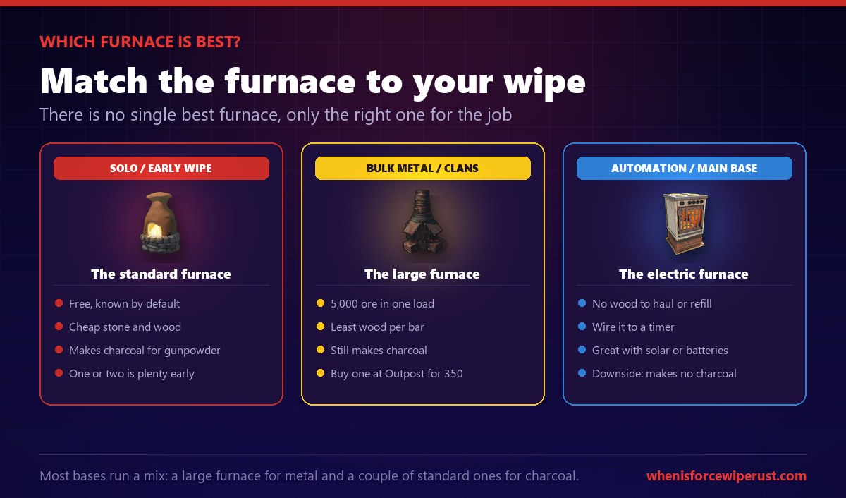 Which furnace is best in Rust: for a solo or early wipe the standard furnace wins because it is free, cheap and makes charcoal; for bulk metal or a clan the large furnace wins with 5,000 ore per load and the least wood per bar; and for automation or a main base the electric furnace wins because it needs no wood and can be wired to a timer, with the downside that it makes no charcoal