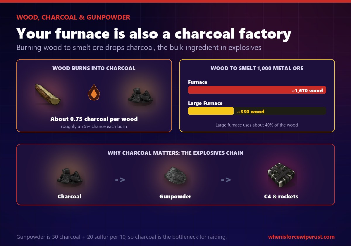How charcoal works in Rust: burning wood in a furnace yields about 0.75 charcoal per wood, roughly a 75 percent chance each burn; smelting 1,000 metal ore needs about 1,670 wood in a standard furnace but only about 330 wood in a large furnace, around 40 percent of the wood; and charcoal feeds the explosives chain, turning into gunpowder and then C4 and rockets