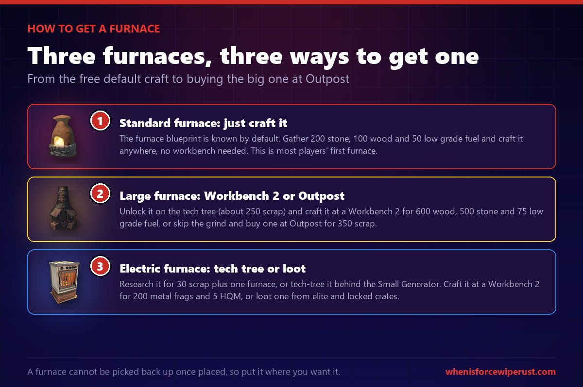 How to get a furnace in Rust: the standard furnace is known by default so you just craft it from 200 stone, 100 wood and 50 low grade fuel with no workbench; the large furnace is unlocked on the tech tree or crafted at Workbench 2, or bought at Outpost for 350 scrap; and the electric furnace is researched for 30 scrap or tech-treed behind the Small Generator and crafted from 200 metal fragments and 5 high quality metal, or looted