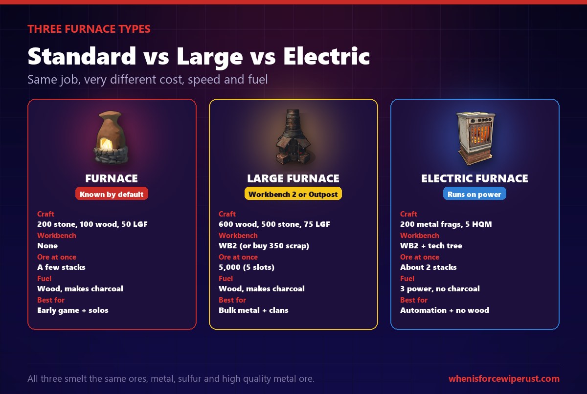 The three types of furnace in Rust compared: the standard Furnace is known by default and costs 200 stone 100 wood and 50 low grade fuel, best for early game and solos; the Large Furnace needs Workbench 2 or costs 350 scrap at Outpost, holds 5,000 ore at once and is best for bulk metal and clans; the Electric Furnace costs 200 metal fragments and 5 high quality metal, runs on 3 power with no charcoal, and is best for automation