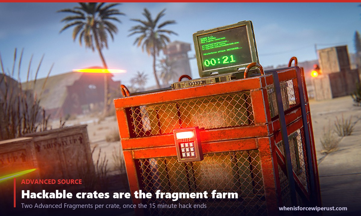 A hackable locked crate in Rust with its 15 minute countdown running, the main guaranteed source of Advanced Blueprint Fragments