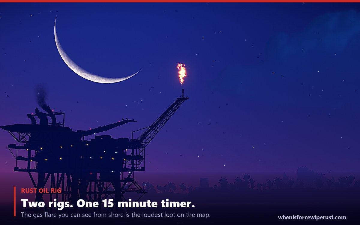 Rust Oil Rig monument at night, gas flare burning against a crescent moon
