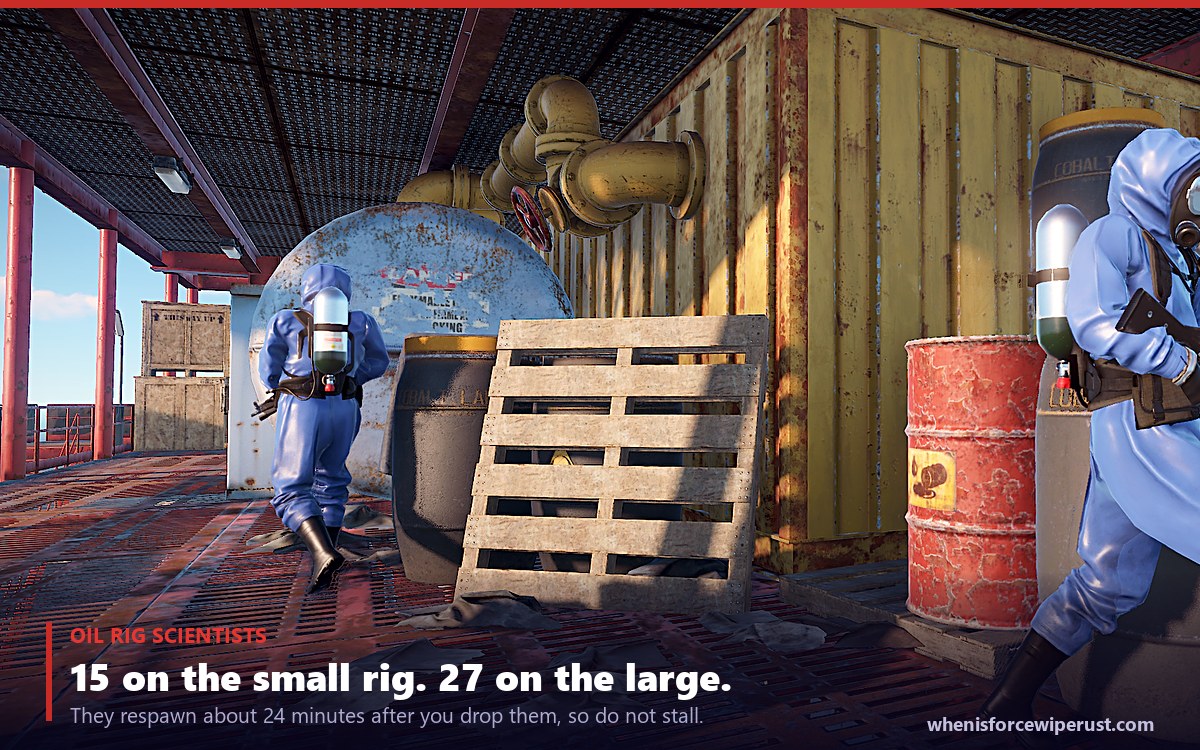 Rust Oil Rig scientists patrolling the deck past cobalt barrels and shipping containers