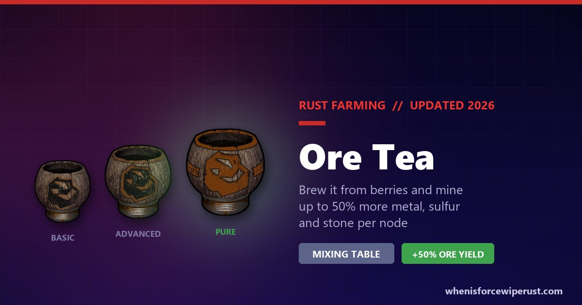 Rust Ore Tea: the real in-game Basic, Advanced and Pure Ore Tea renders, a berry brew that boosts the metal, sulfur and stone you mine from nodes by up to 50%