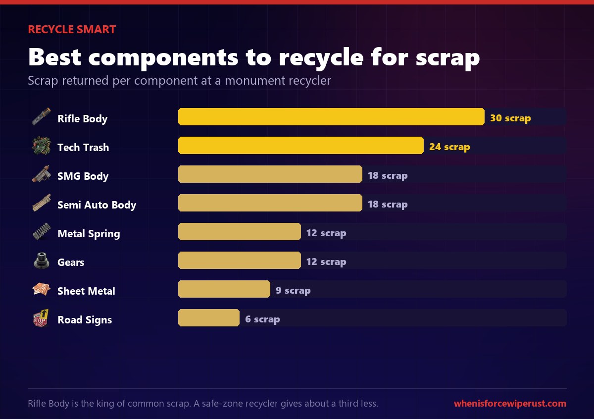Best components to recycle for scrap in Rust: Rifle Body 30 scrap, Tech Trash 24, SMG Body 18, Semi Automatic Body 18, Metal Spring 12, Gears 12, Sheet Metal 9, Road Signs 6 at a monument recycler