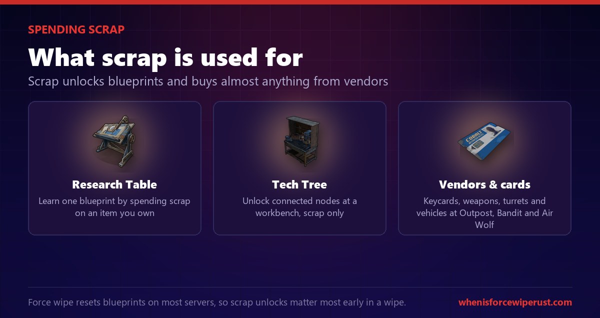 What scrap is used for in Rust: research blueprints at a research table, unlock nodes in the tech tree at a workbench, and buy keycards, weapons, turrets and vehicles from vendors