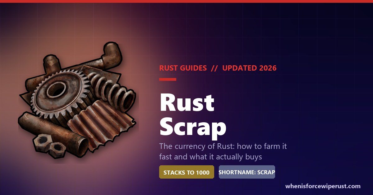 Rust scrap: the real in-game scrap item render, a pile of bent metal, gears and bolts used as currency and research material in Rust