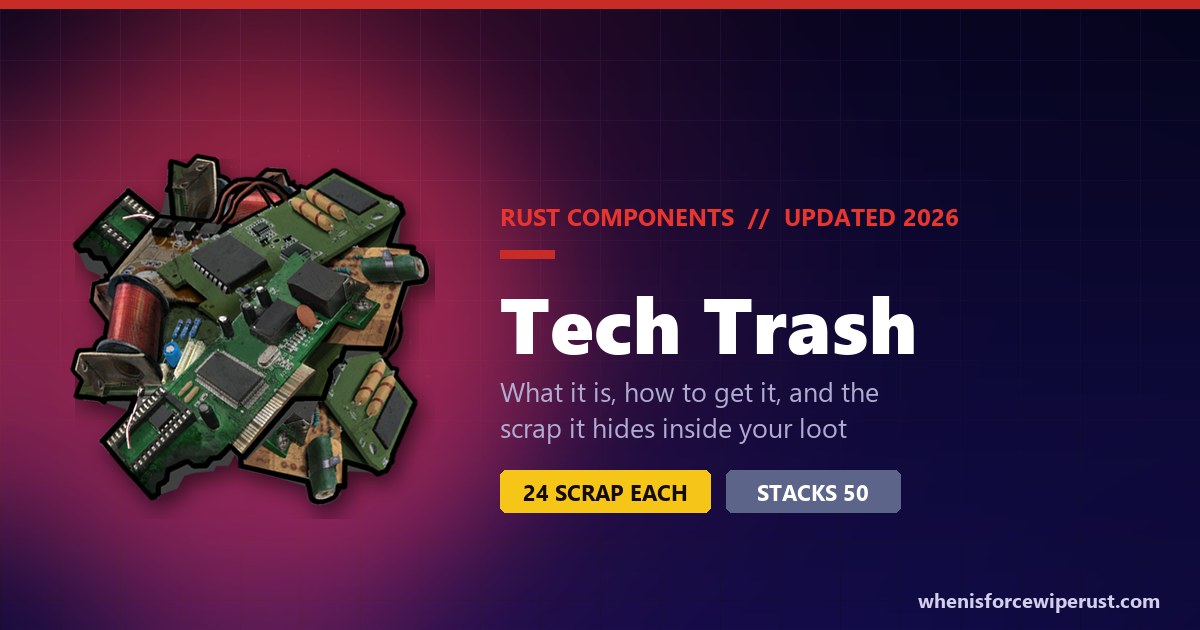 Rust tech trash: the real in-game component render of a pile of circuit boards and wires, worth 24 scrap each and stacking to 50