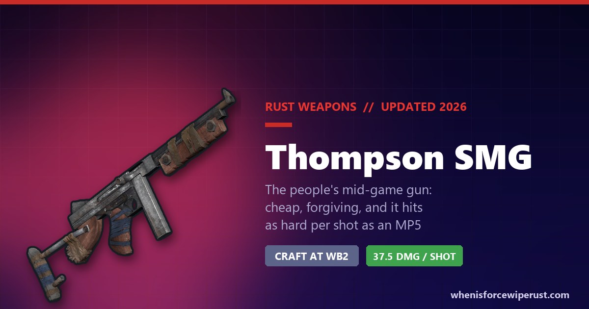 Rust Thompson SMG: the real in-game item render of the Thompson, a mid-game submachine gun crafted at Workbench Level 2 that deals 37.5 damage per shot