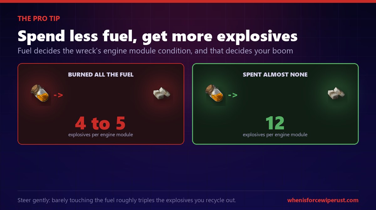 Rust satellite crash fuel tip: if you burn all the fuel steering the satellite the engine modules in the wreck recycle into only 4 to 5 explosives each, but if you spend almost no fuel they stay in good condition and recycle into about 12 explosives each, roughly triple the boom