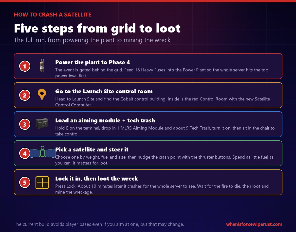 How to crash a satellite in Rust in five steps: first power the Power Plant to phase 4 with 18 heavy fuses, go to the Launch Site Cobalt control room, load 1 MLRS aiming module and about 9 tech trash into the satellite control computer and sit down, pick a satellite by weight fuel and size and steer the crash point with the thrusters while spending little fuel, then lock it in and loot the wreck after the roughly 10 minute descent