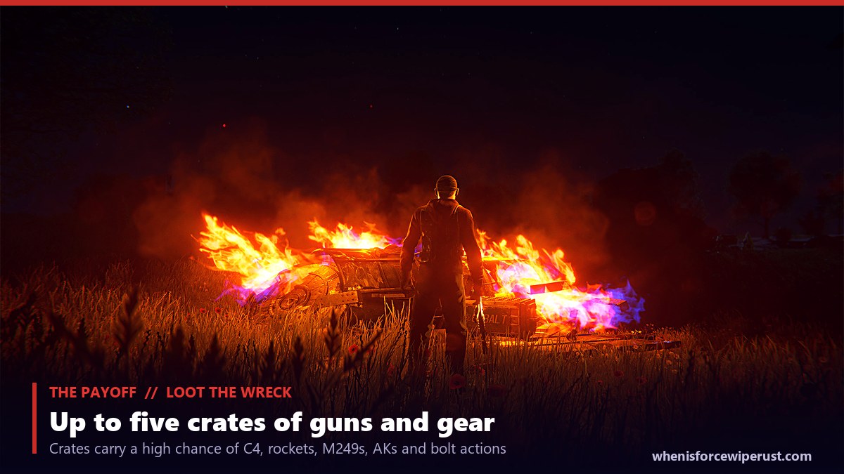 A crashed satellite burning at night in Rust with a player standing over the Cobalt wreckage, the crates loaded with weapons and explosives that the Satellite Crash event drops