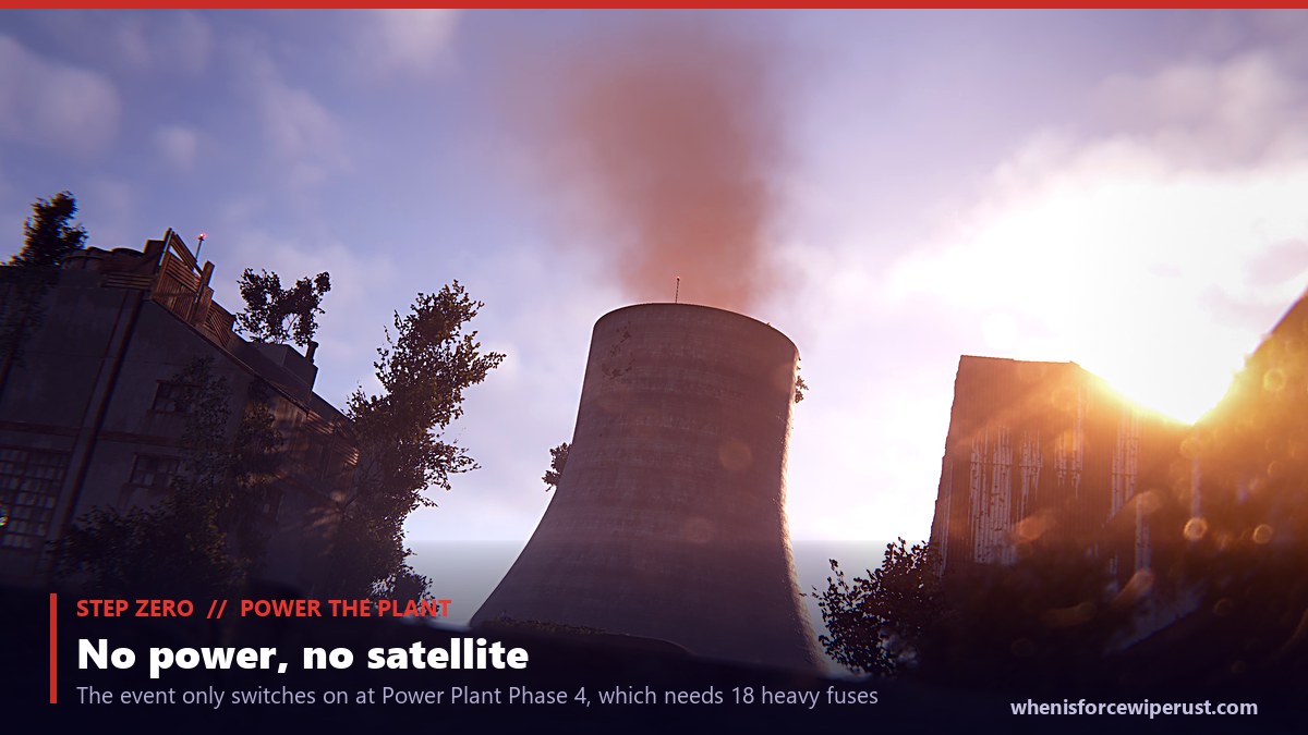 The Rust Power Plant cooling tower at sunset, the monument you must power to phase 4 with 18 heavy fuses before the Launch Site satellite crash event can be activated