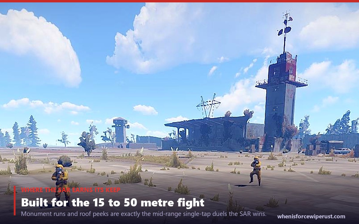 A Rust monument firefight at mid range, the kind of 15 to 50 metre single-tap gun fight the Semi-Automatic Rifle is built to win, shown on a graded navy scene from the game with a whenisforcewiperust.com caption
