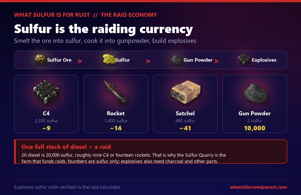 Rust graphic on what sulfur is used for after smelting sulfur ore: it becomes gunpowder and then explosives, with a chain from sulfur ore to sulfur to gun powder to explosives, and the sulfur cost of each explosive shown as C4 2,200 sulfur, rocket 1,400, satchel 480 and gun powder 2, plus how many of each a full 20 diesel stack of 20,000 sulfur buys, about nine C4, fourteen rockets or forty one satchels