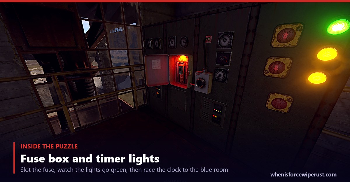 Inside the Train Yard puzzle room in Rust: the wall fuse box and the green and yellow timer indicator lights that power the keycard readers