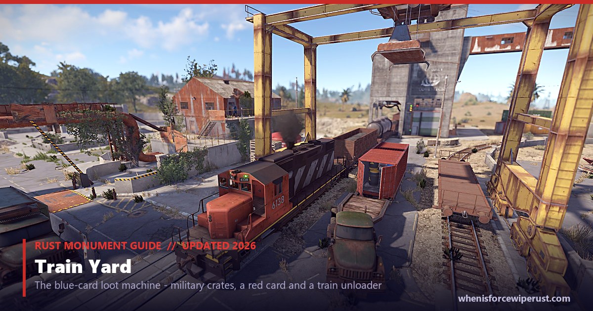 Train Yard monument in Rust seen from above: rail wagons, the yellow gantry loader and the coaling tower, the lead image for the train yard rust guide