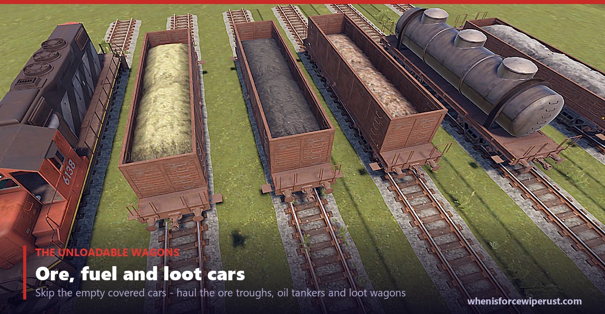 Rust train wagons on the tracks at Train Yard: a covered car, an ore trough wagon, a charcoal wagon and an oil tanker car, the cars you unload at the monument