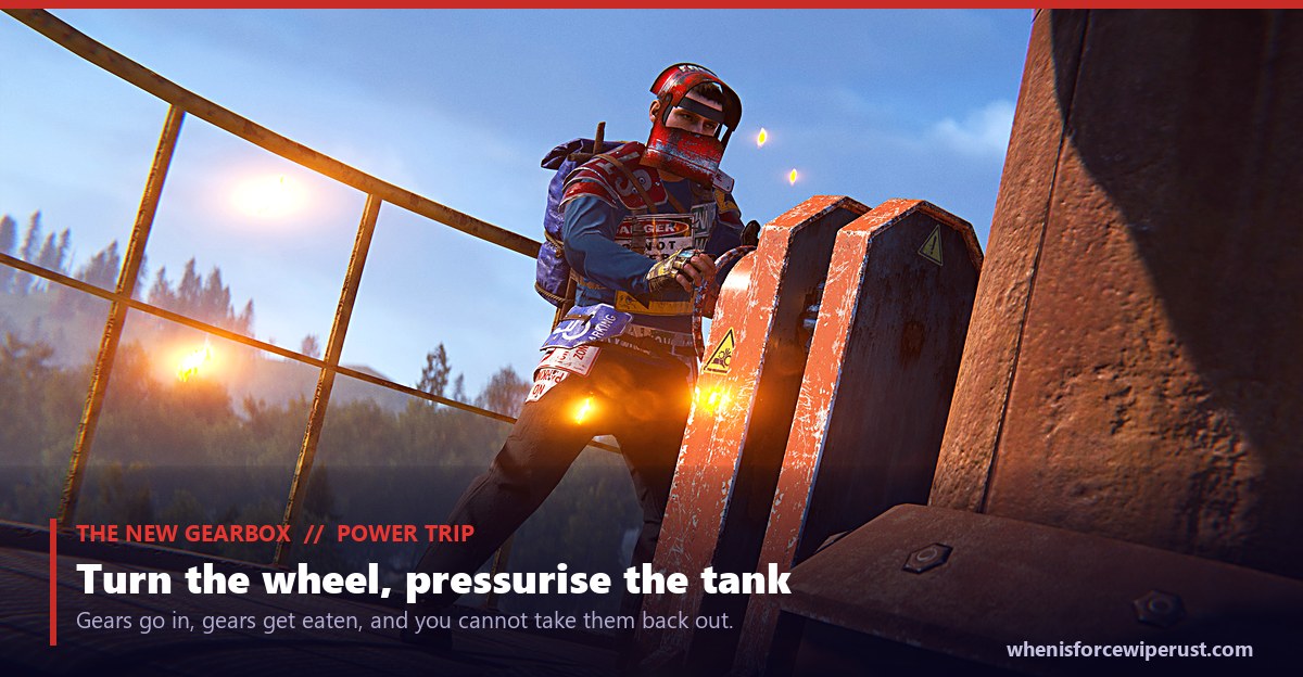 A Rust player pushing the large red valve wheel of a Water Treatment Plant gearbox at dusk with orange sparks flying off the mechanism, an actual in-game screenshot from the Power Trip update that added two gearboxes to pressurise the central water tank