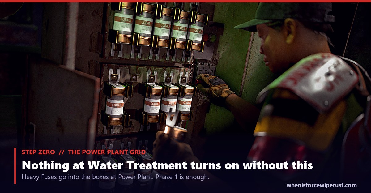 A Rust player loading Heavy Fuses into the new special fuse box at the Power Plant, an actual in-game screenshot of the island power grid that has to be live before the Water Treatment Plant gearboxes will turn