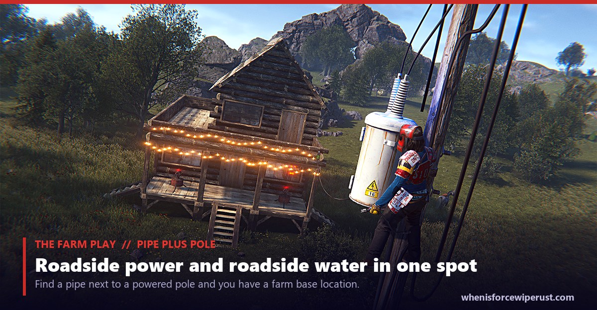 A Rust player climbing a roadside powerline pole with a white transformer on it, wired down to a small wooden base strung with lights, an actual in-game screenshot showing why a roadside water pipe next to a powered pole is a strong farm base location after the Power Trip update
