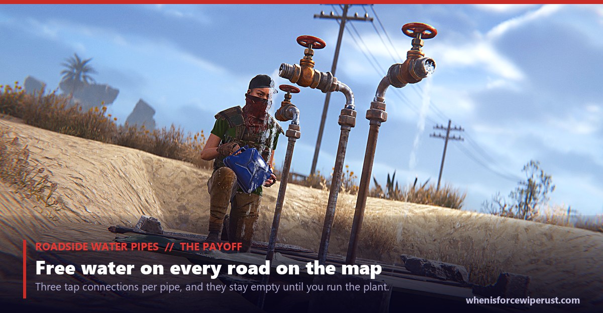 A Rust player kneeling at a roadside water pipe filling a blue jerry can from one of three taps while water sprays from the others, an actual in-game screenshot of the water dispensers added by the Power Trip update that only run once the Water Treatment Plant is maintained