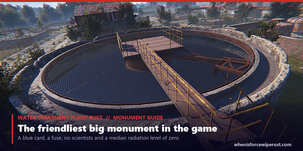 The circular settling tank at the Rust Water Treatment Plant seen from above, an actual in-game screenshot showing the yellow railed catwalk crossing the dark water, the rotating scraper arm and the corrugated buildings of the monument behind it