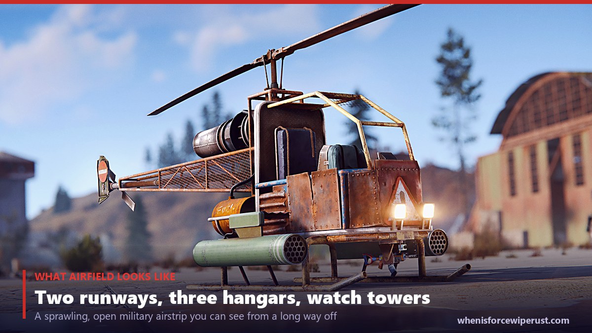What the Airfield monument looks like in Rust: a large open military airstrip with two runways, three hangars, watch towers, an office tower and a helipad, ringed by a concrete slab wall and easy to spot from a distance