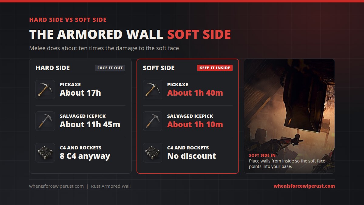 Armored wall soft side in Rust: a pickaxe takes about 17 hours on the hard side and about 1 hour 40 minutes on the soft side, while C4 does the same either way