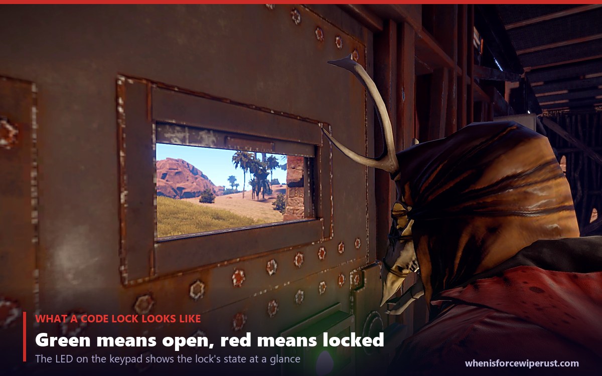 A real in-game Rust code lock with its green LED glowing on a metal door with a window slit