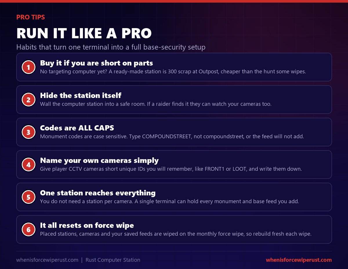 Computer Station Rust pro tips: buy it at Outpost for 300 scrap if you are short on parts, hide the station in a walled room, type monument codes in all caps, give your own cameras short IDs, use one station for every feed, and remember it all resets on force wipe