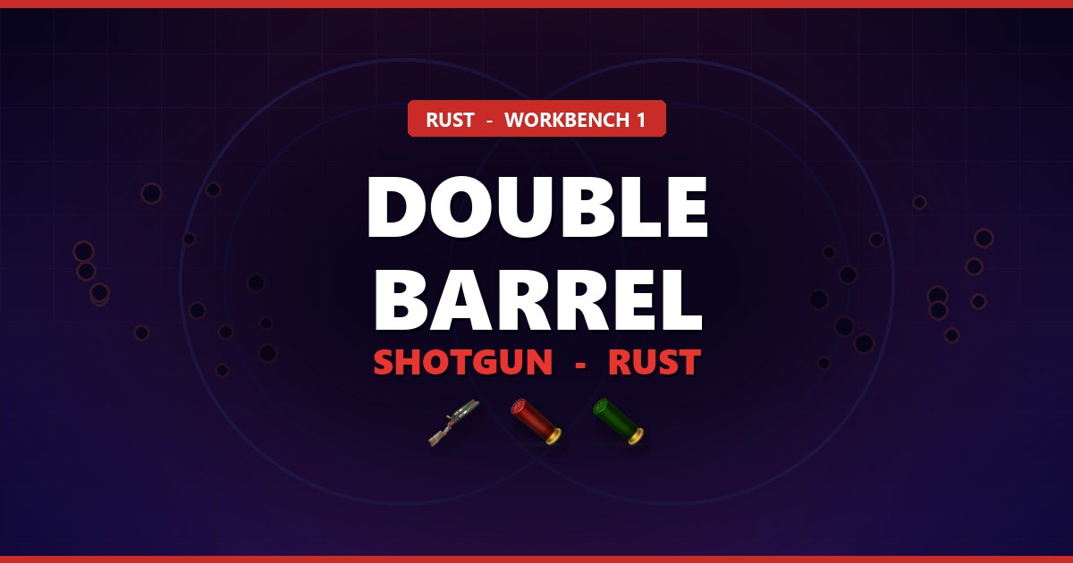 The Double Barrel Shotgun in Rust with 12 gauge buckshot and slug shells over twin barrel muzzles and a pellet spread, on the whenisforcewiperust.com navy and red theme