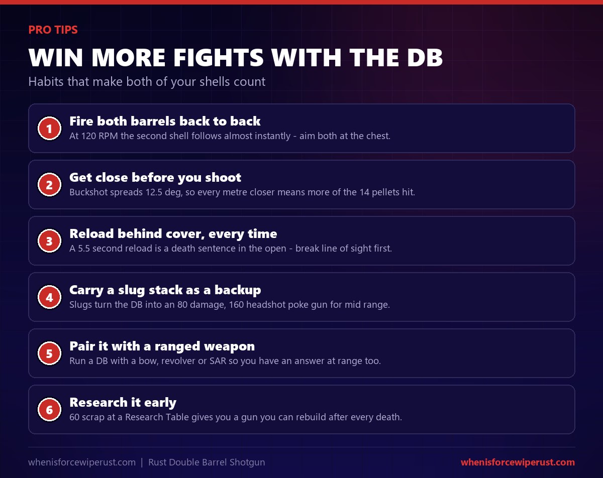 Double Barrel Shotgun Rust pro tips: fire both barrels back to back, get close before shooting, reload behind cover, carry slugs for mid range, pair it with a ranged weapon, and research it early for 60 scrap