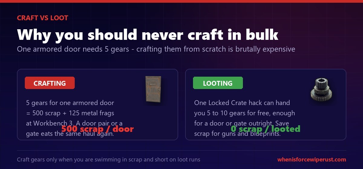 Craft versus loot for gears in Rust: crafting the 5 gears an armored door needs costs 500 scrap and 125 metal fragments at Workbench 3, while a single Locked Crate hack can hand you five to ten gears for free, so you should loot gears and save scrap for guns and blueprints