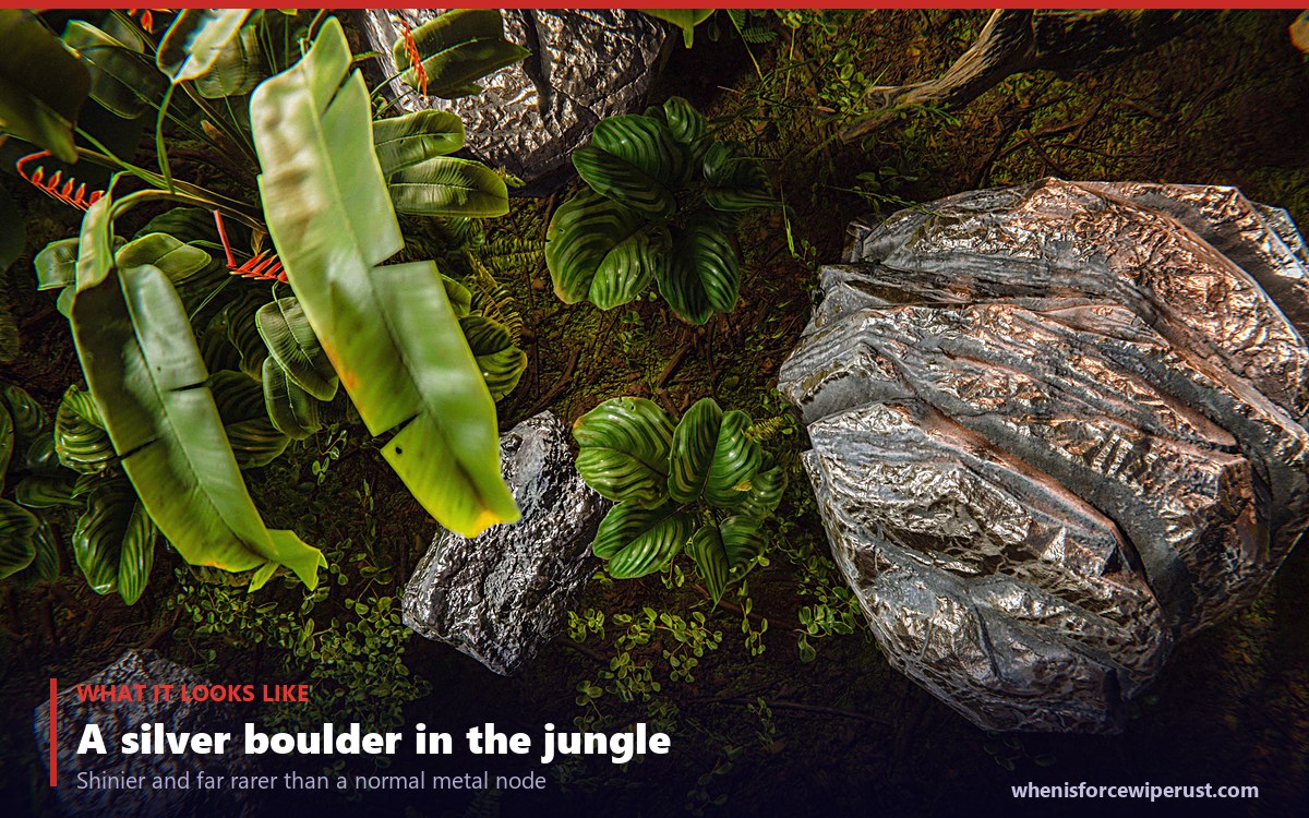 A real in-game Rust HQM ore node, a shiny silver boulder sitting in the lush green jungle biome
