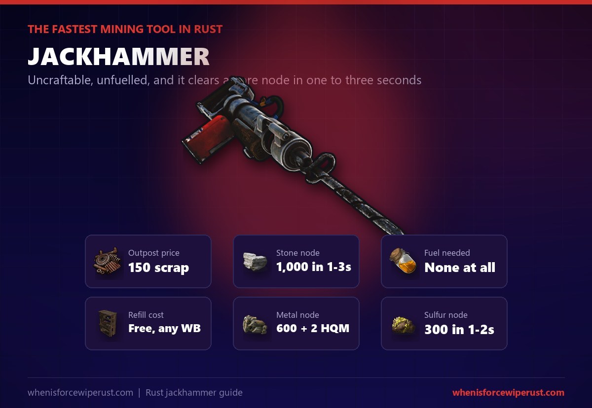 Rust Jackhammer stats at a glance: 150 scrap at Outpost, no fuel needed, free workbench refill, and 1,000 stone per node in one to three seconds