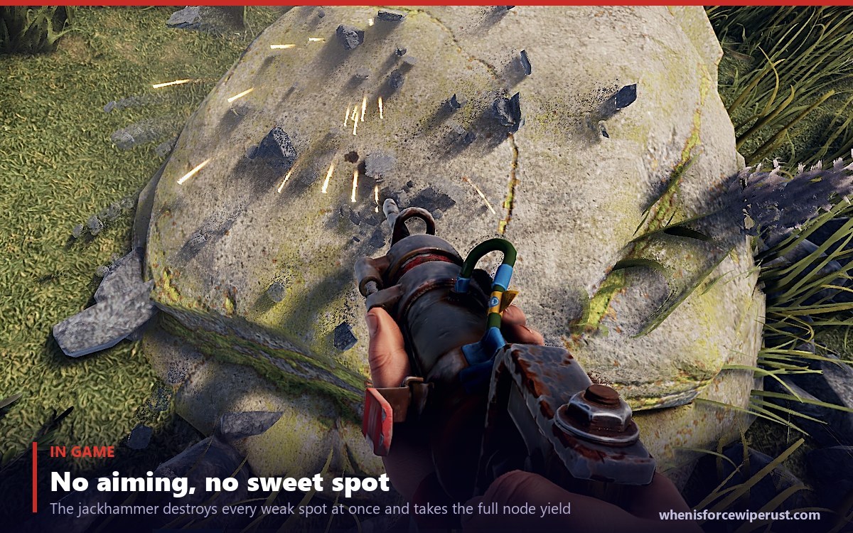 First person view of a Rust player mining a stone ore node with a jackhammer, sparks flying off the rock as the whole node breaks at once