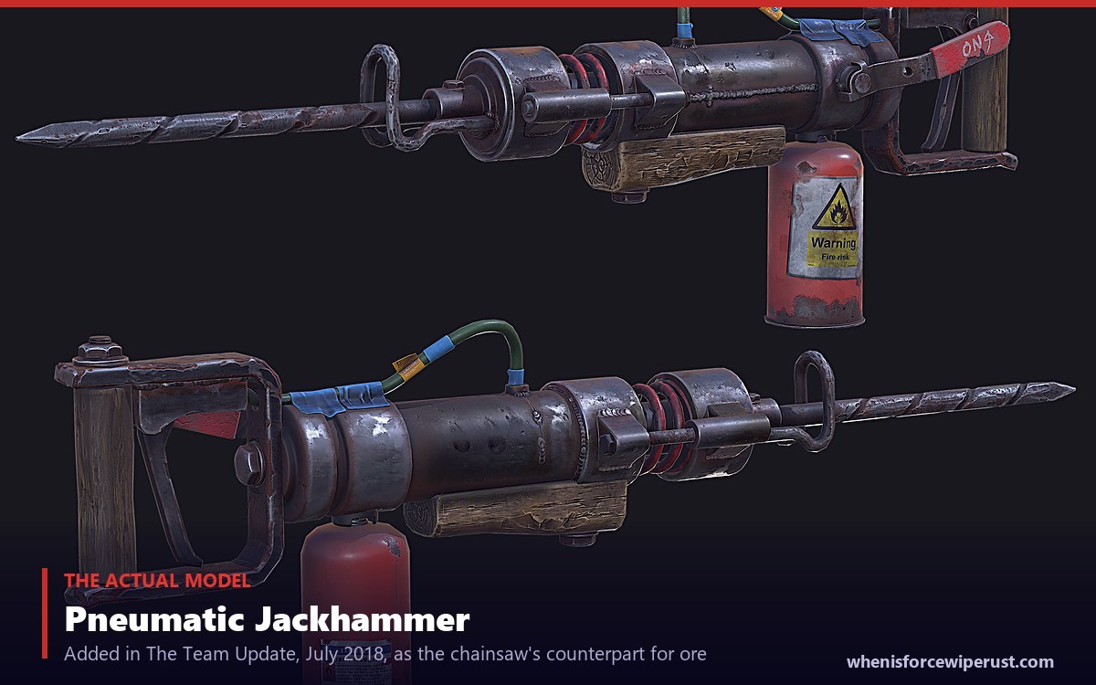 The Rust jackhammer item model shown from two angles, a pneumatic drill with a red canister, as it appeared in the Facepunch Team Update devblog