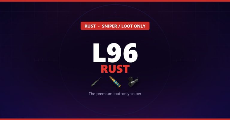 The L96 sniper rifle in Rust with HV 5.56 ammo and an 8x scope over a scope reticle, shown on the whenisforcewiperust.com navy and red theme